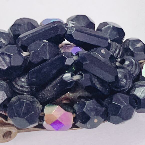 VTG Western German Glass AB Jet Black Cluster Clip On Earrings 1960s Cocktail - Picture 5 of 12